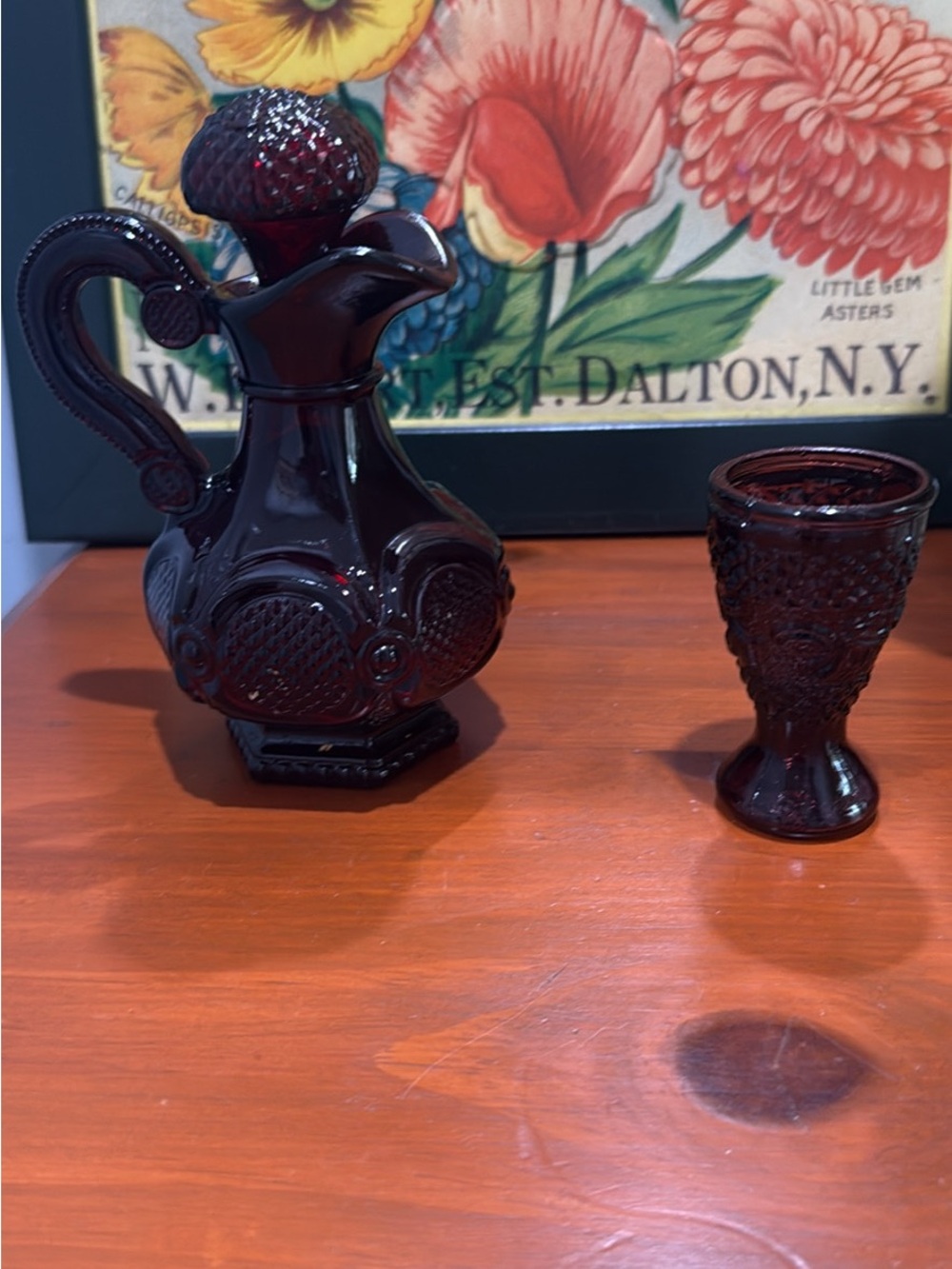 Vintage Avon 1876 Cape Cod Collection Ruby Red Cruet & Sandwich Glass Goblet